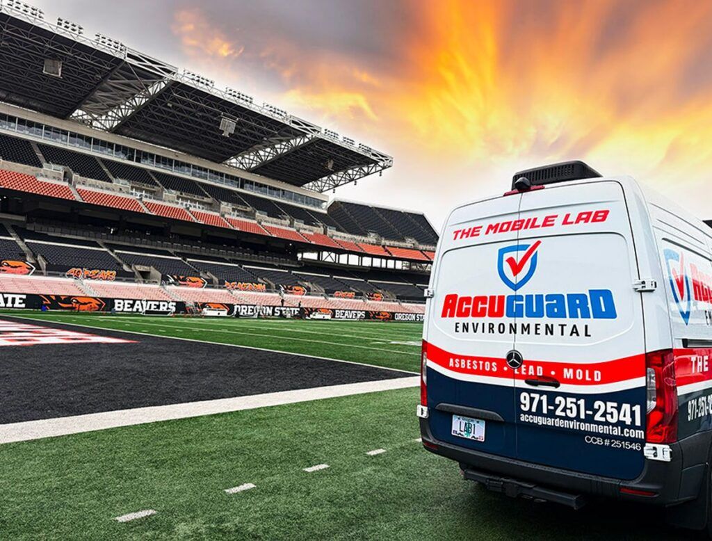 An AccuGuard Mobile Lab parked on a football field